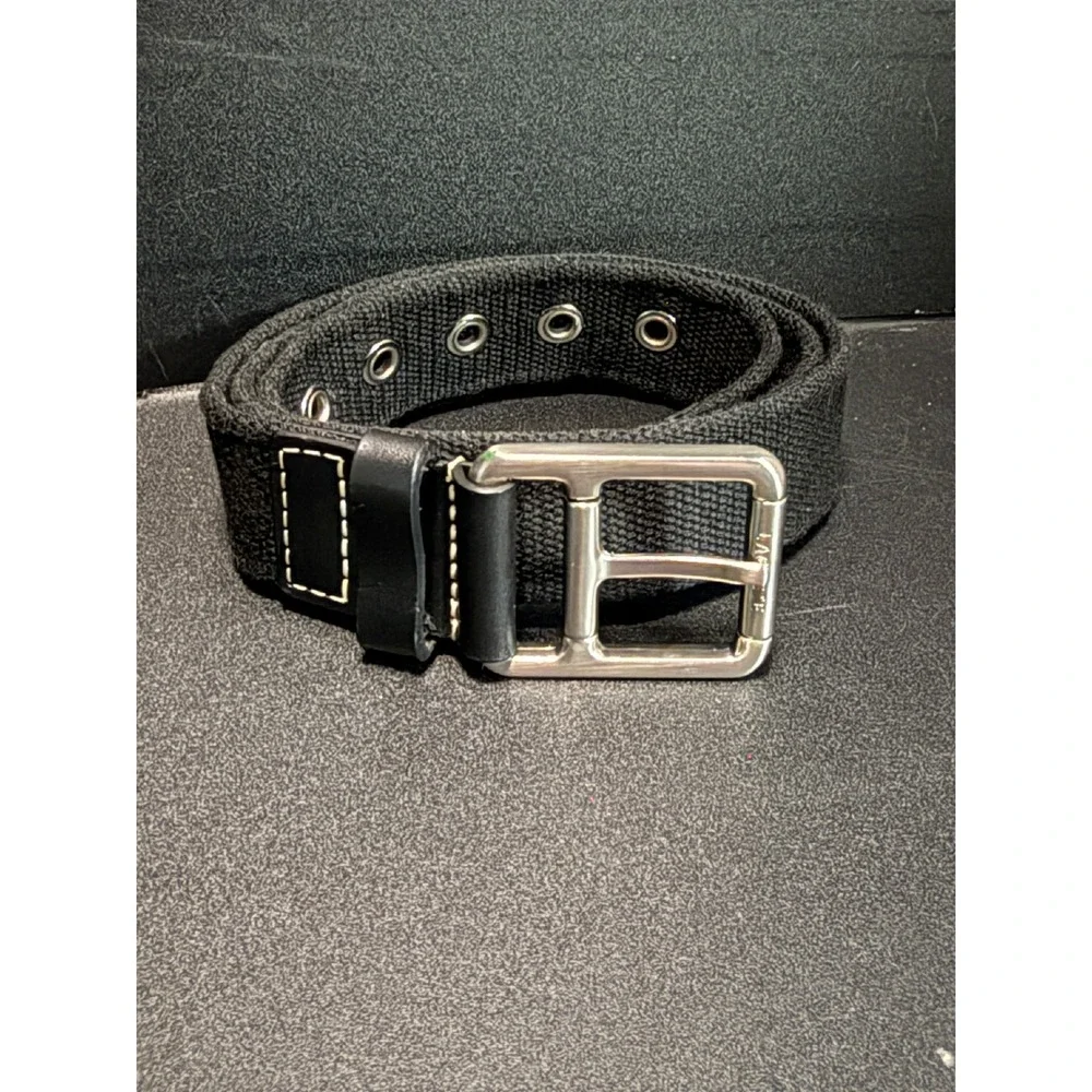 Lacoste Mens Black Canvas Web Belt Leather Trim Silver Buckle Size 34 Tenniscore